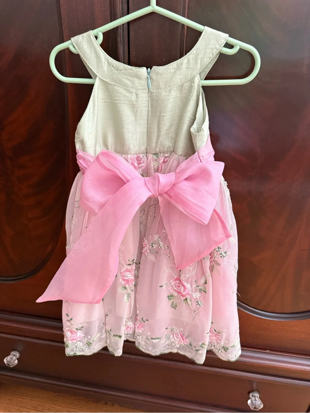 Le Pink Floral Appliqué Dress with Green Bodice